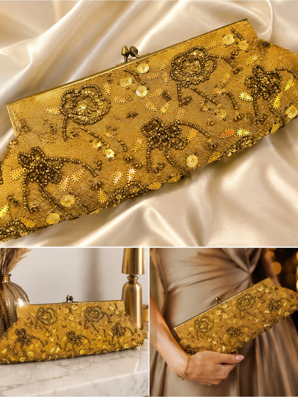 Vintage Gold Beaded Clutch Made in India Silk Lined Evening Bag
